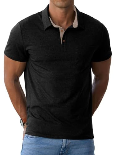 PrinStory Poloshirts Herren Kurzarm Männer Golf Polo Shirts Mit Tasche Baumwolle T Shirt Sommer Freizeit T-Shirt Mit Tasche (Schwarz, L)