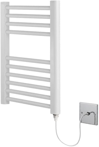 Greened House White Electric Heated Towel Rail Straight 400mm W x 600mm H | Flat, Bathroom Radiator, Towel Warmer