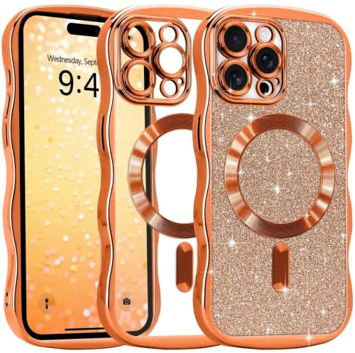 ROSEHUI Magnetic for iPhone 14 Pro Max Case, Compatible with MagSafe,Orange | Wavy Bling Sparkle Phone Cover for Women Girls,Removable Glitter Paper,Metallic Wave TPU Bumper,Camera Protection,Clear Back