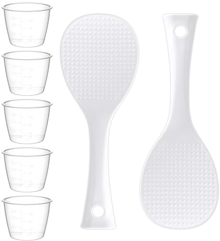 Qulkws 5Pcs Plastic Rice Measuring Cups 160 ml Measuring Cup for RiceCooker | Rice Cup Replacement, Heat Resistant Non Stick, with 2 Pack Rice Paddle Rice, Kitchen Supplies, Dog Cat Food Measuring