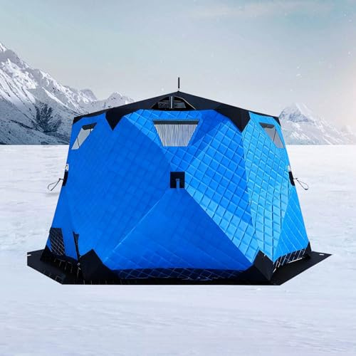 Pop-up-Eisfischerzelt Für 6-10 Personen, Inklusive Regenschutz, Isoliertes Pop-up-Zelt Mit Ofenrohrdurchführung, Saunazelt Mit 2 Türen Und 5 Fenstern, Inklusive Eisankern, 7 M² Innenraum Blue