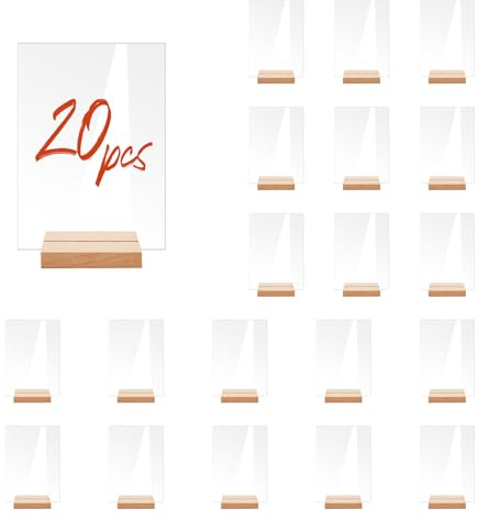 Opaltool Lot de 20 Numéro de Table Mariage en Acrylique avec Support en Bois, Panneaux Transparent Réutilisable pour Noms D'invités, Numéros de Table pour Décoration de Fête de Mariage, événement