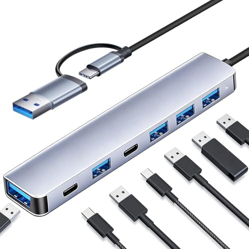 Hub USB C 7 en 1 Adaptador USB C con USB 3.0, 4 USB 2.0, Puertos Datos USB-C Duales Adaptador Multipuerto para PC, Tableta, MacBook Air/Pro, iPad Pro, iPhone 16 Pro MAX