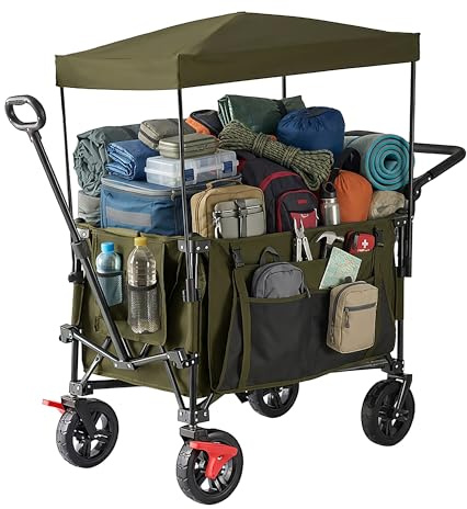 Relaxdays Bollerwagen, faltbar, 150 kg, Dach, Teleskop- & Schiebegriff, Gummireifen mit Bremse, Transportwagen, grün