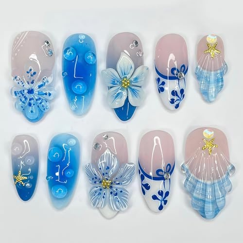 Tastetreasure 30 Pcs 3D Ocean Press on Nails, Almond Blue Floral & Shell Fake Nails, Summer Aesthetic Gel False Nails with Starfish Designs, Glossy Stick on Nails with Jelly Glue & File