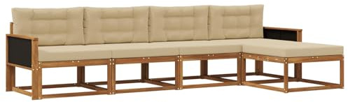 vidaXL Outdoor-Sofagarnitur mit Kissen 5 pcs Natur und Beige, Gartenmöbel Set, modern, wetterfest, Sitzgruppe, Ecksofa, Akazienholz, braun, modulare Lounge