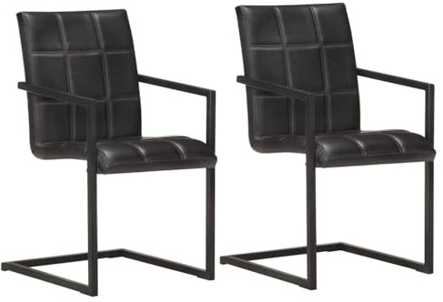 Mhdvray 2er Set Freischwinger Esszimmerstühle aus Echtleder, Retro Schwingstühle mit Blockmuster und Armlehnen, stabiles Eisengestell, Bequeme Küchenstühle in Schwarz, 51x56x91 cm
