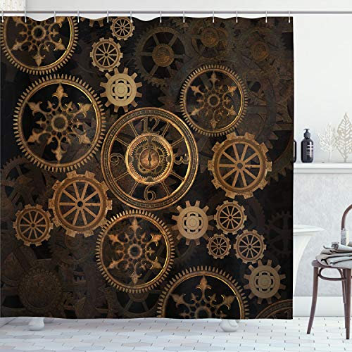 ABAKUHAUS Steampunk Duschvorhang, Räder Dunkle Schatten, Stoffliches Gewebe Badezimmerdekorationsset mit Haken, 175 x 180 cm, Dark Brown Sand Braun