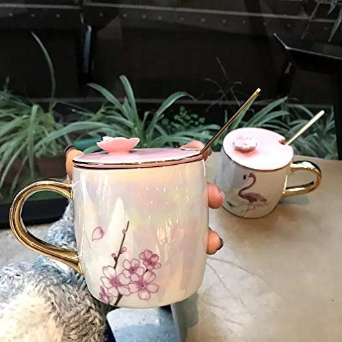 Novità Fiore di ciliegio Rosa Tazze in Ceramica con Coperchio e Cucchiaio Tazza di Caffè Americano di Bevanda Porcellana Ufficiale Lavabile in Lavastoviglie (Fiore di ciliegio on confezione regalo)