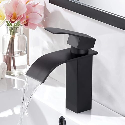 iVIGA Wasserhahn Bad, 175MM Waschtischarmatur wenig Lärm Einhandmischer Wasserfall Waschbeckenarmatur aus Edelstahl mit kalte und heiße Wasserschläuche, Schwarz