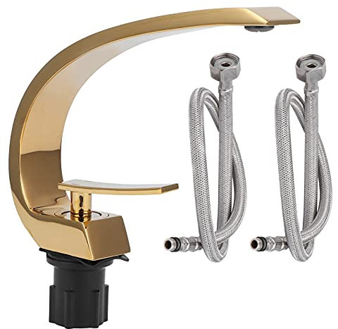 Tomotato Wasserhahn Bad, Mischbatterie für Waschbecken G1/2 Gebogene Mischbatterie aus Reinem Messing Warm und Kaltwasser-Mischbatterie mit 2 Schläuchen