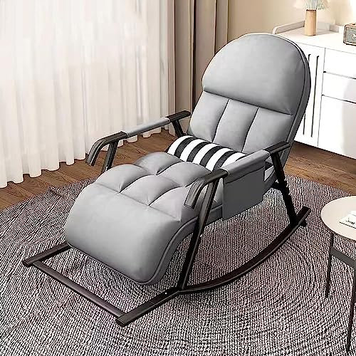 Schaukelstuhl Wohnzimmer Modern Schaukelstuhl mit Liegefunktion, Schaukelsessel mit Seitentasche & Verstellbarer Fußstütze, Relaxsessel für Wohnzimmer, Schlafzimmer, Balkon, Terrasse (Grau)