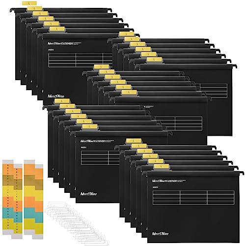MerryNine Hängemappen, A4, 30 Stück, Polypropylen-Aktenschrank, Hängemappen mit Registerkarten und Karteneinsätzen, für Schule, Zuhause, Arbeit, Büro, Organisation (30, schwarz), MN-HFFL-30-001