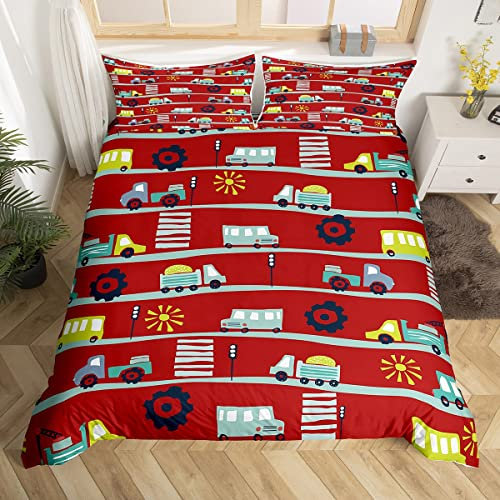 Homewish Fahrzeuge Tröster Abdeckung 200x200 für Jungen Mädchen, BAU LKW Bettwäsche Set Dump Truck Bus Bettbezug, Aquarell Big Wheel Auto Bett Set, Ampel Jungen Schlafzimmer Dekor Rot