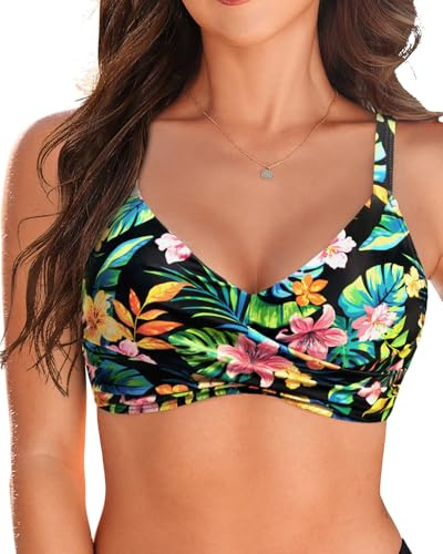 Damen Bügel-Bikini-Oberteil – Push-Up Badeanzug-Top mit Polsterung, 2025 Bademoden-Top, Grün/Blumen, Large