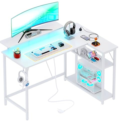 Xyphren L Shaped Gaming Desk with RGB LED Lights & Power Outlets,Corner Computer Desk with Adjustable Shelves, Small Office Desk for Study Workstation, 100x80 cm, White