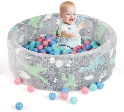 DREAMADE Bällebad Baby, 86 X 30cm Bällepool mit leuchtenden Mustern & 200 bunten Bällen, Bällegrube aus Flanellstoff & Schaumstoff mit abnehmbarem Bezug, für Kinder ab 1 Jahr (Grau)