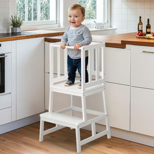 COSYLAND Lernturm ab 1 Jahr – Montessori Learning Tower für Kinder – Sicherer Kinder Lernturm ab 2 Jahre – Stabiler Toddler Tower, Cremeweiß