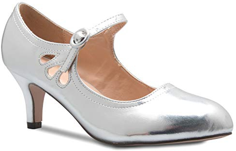 Olivia K Mary Jane Damen-Pumps mit niedrigem Absatz, runder Zehenbereich, bezaubernde Vintage-Retro-Schuhe, einzigartiges Design mit seitlichem Ausschnitt