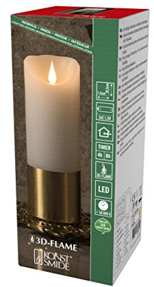 Konstsmide LED Echtwachskerze, weiß, mit messingfarbener Banderole, 3D Flamme, 4h und 8h Timer, warm weiße Diode, batteriebetrieben, Innen - 1823-600