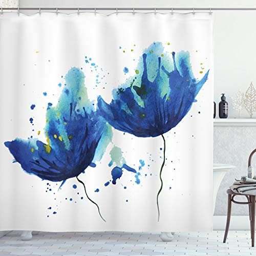 ABAKUHAUS Aquarell Duschvorhang, Floral Abstrakte Kunst, Stoffliches Gewebe Badezimmerdekorationsset mit Haken, 175 x 220 cm, Hellblau und Blau