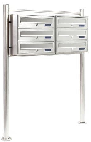 Wiltec 6er Briefkastenanlage Edelstahl 270 x 898 x 1150 mm, Standbriefkasten mit 2x3 Fächern, Schlüssel und Namensschild, Briefkasten Postkasten mit Ständer