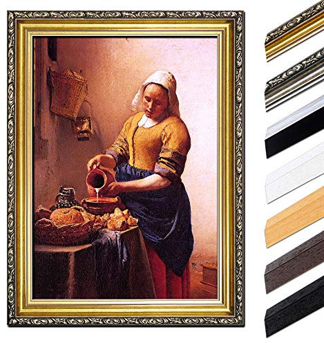 Bild mit Rahmen - Jan Vermeer Dienstmagd mit Milchkrug 40x50 cm - Gerahmtes Leinwandbild Alte Meister - Antiker Rahmen Gold Barock, Klassisch