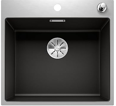 BLANCO SUBLINE 500-IF/A SteelFrame | Granitspüle aus SILGRANIT schwarz | [54,3x51x20,3 cm] | für 60 cm breite Unterschränke | mit Armaturenbank | mit Exzenter | gerahmt in Edelstahl