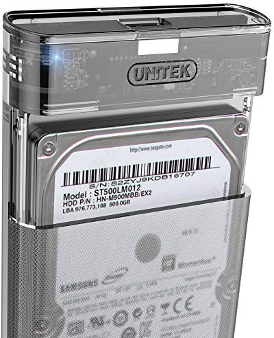 UNITEK Festplattengehäuse für 2,5 Zoll HDD/SSD SATA I/II/III Festplatten, Externe Festplatteschutz, mit eingebautes 3.0 Kabel, werkzeuglose Montage, transparent