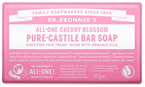 Dr Bronner's Cherry Blossom Pure-Castile Bar Soap, Made with Organic Ingredients and Pure Essential Oils, Used for Face, Body and Hair, Certified Fair Trade & Vegan Friendly, 140g Bar