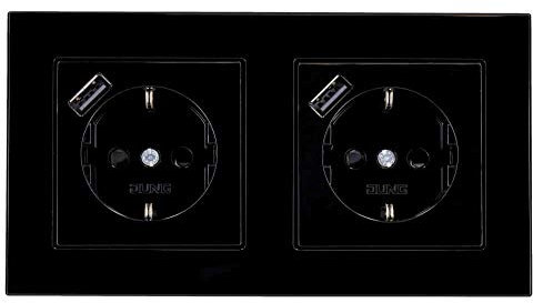 Jung SCHUKO USB-Steckdose Typ A (max. 3A) Komplett-Set Serie A: 2x Steckdose A152018ASW und 2-fach Rahmen A5582BFSW Schwarz