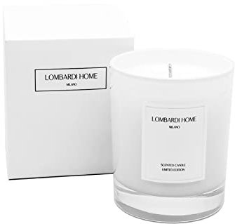 Lombardi Home - Vanille-Duftkerze im weißen Glasgefäß - Vegane und Bio-kerze mit natürlichem Sojawachs - Baumwolldocht - Geschenk für die Heimdekoration - 46h Brenndauer