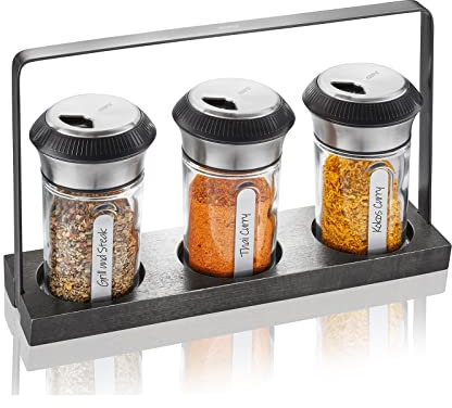 GEFU Gewürz- und Kräuterstreuer Set X-PLOSION, 3 Streuer aus Glas, ohne Inhalt, Menage aus Holz, Gewürz Aufbewahrung