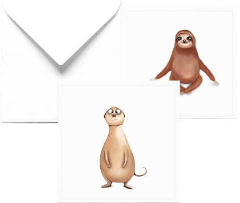 Dori´s Prints Geburtstagskarte Tiere 2er Set - Karte Faultier - Erdmännchen Glückwunschkarte zur Geburtstag - Witzige Geburtstagskarten Set mit Umschlag - Geburtstag Geburtstagsgeschenk Grußkarte