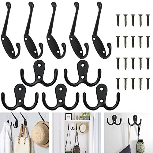 JUNMEIDO 10 stück Kleiderhaken Schwarz Garderobenhaken Vintage Doppelt Wandhaken Garderobe Handtuchhaken Metall Einzelhaken Matt Haken mit 20 Schrauben für Garderobenhaken Badezimmer Küche