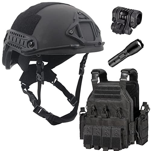 WLXW NIJ IIIA Military Bulletproof Helmet Ballistic Helmet&Luxurious Suspension,1000D Nylon Military Tactical Vest Quick-Release Plate Carrier,Presented Flashlight And Holder,BK 3