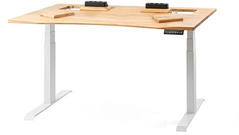 ErgoHide® Höhenverstellbarer Schreibtisch aus Massivholz mit erweitertem Kabelmanagement/Kabelkanal (Eiche, Weiß, Ergonomisch, 150x80cm)
