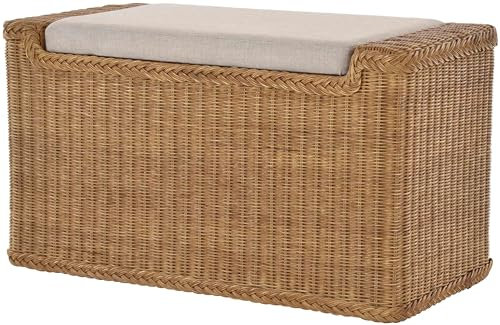 Wäschesortierer mit Sitzbank aus echtem Rattan/Wäschesammler mit 3 Fächern (Honig-Dunkel)