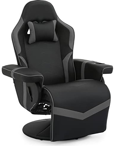 MoNiBloom Video Gaming Chair Racing Style Single Living Room Sofa Recliner with Detachable Headrest, Ergonomic Comfy Home Theater Seating Game Lounge Chair w/Retractable Footrest and Cup Holder, Grey