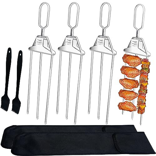 Amestar 4 Stück Metall-Grillspieße mit 3 Zinken, 37,8 cm, Edelstahl, Kebab-Spieße wiederverwendbare Grillstäbe mit Schieber, flache Grillspieße für Huhn, Garnelen, Fleisch, Gemüse