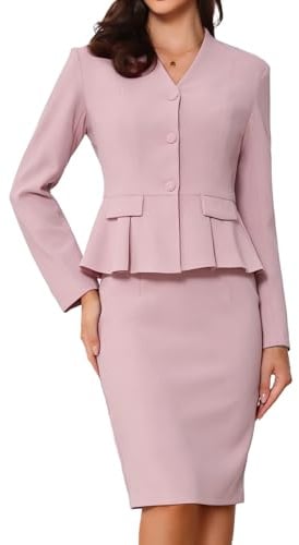 Allegra K Ensemble d'affaires 2 pièces pour femme à manches longues sans col péplum blazer jupe crayon, rose, L