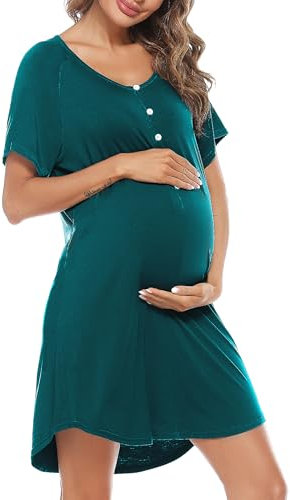 Uniexcosm Chemise de Nuit Femme Été Robe de Nuit Femme Coton Chemise de Nuit Allaitement Maternité Manches Courtes Col en V avec Bouton Devant Ouvert M Bleu Vert