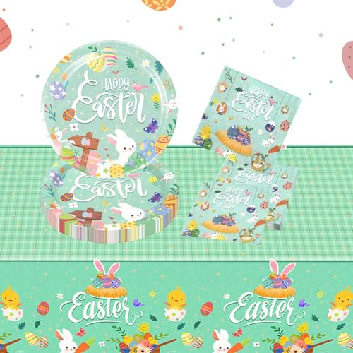 Set di 41 stoviglie per feste di Pasqua, tovaglia colorata con uova pasquali con piatti di carta, tovaglioli, forniture per feste a tema pasquale, per bambini e adulti, vacanze di Pasqua (stoviglie