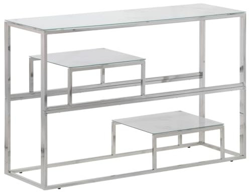 vidaXL Table Console, Table d'Appoint avec Étagère, Bout de Canapé, Meuble de Couloir Salon Entrée, Argenté Acier Inoxydable et Verre Trempé