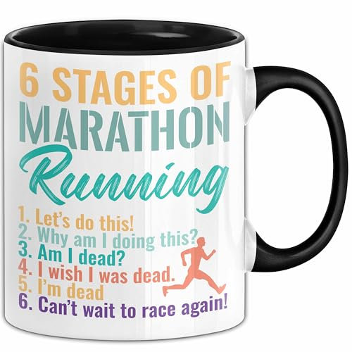 Marathon-Läufer Tasse Geschenk Jogger 6 Stages Of Marathon Running Joggen Kaffee-Becher (Schwarz)