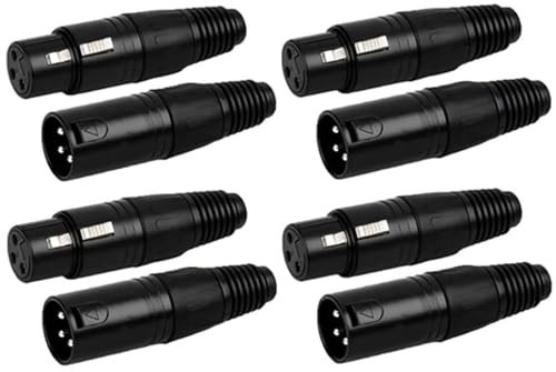 Greluma 8 Pièces Connecteurs XLR 3 broches, 4 paires de connecteurs XLR mâles femelles, prise de câble micro, prise audio microphone, boîtier noir