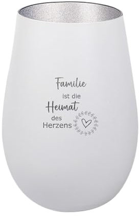Der-Porzellan-Laden Windlicht mit Gravur Familie ist die Heimat des Herzens, Weiß Silber, Teelichthalter aus Glas mit Spruch, Tischdeko modern