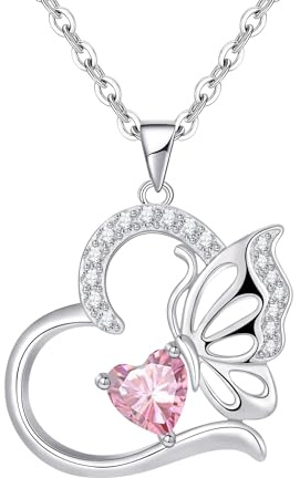 Silverhalsband för kvinnor Hjärta Fjäril Birthstone Hänge Halsband Smycken Presenter för Kvinnor/Flickor Årsdag Födelsedag Mors Dag Jul Alla hjärtans dag