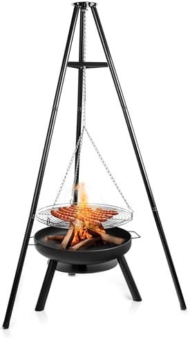 LEHMANN Feuerschale mit Grillrost Ø 60 cm - großes Dreibein für Feuerschale mit Schwenkgrill - Holzkohlegrill mit Feuerschale - Tragbarer Multifunktionaler Grill - 12 kg