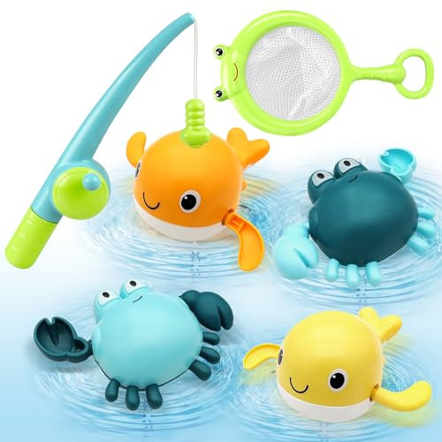Gemtte Badewannenspielzeug Baby ab 1-6 Jahre, 6 Stück Angelspiel Badespielzeug kit, Magnet Aufziehbarem Badewannen Spielzeug Wasserspielzeug mit Fischernetz Angelstäbe für Kleinkind